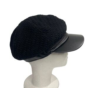 Black Tweed Baker Boy Cap Faux Leather Visor Newsboy Chic Y2k